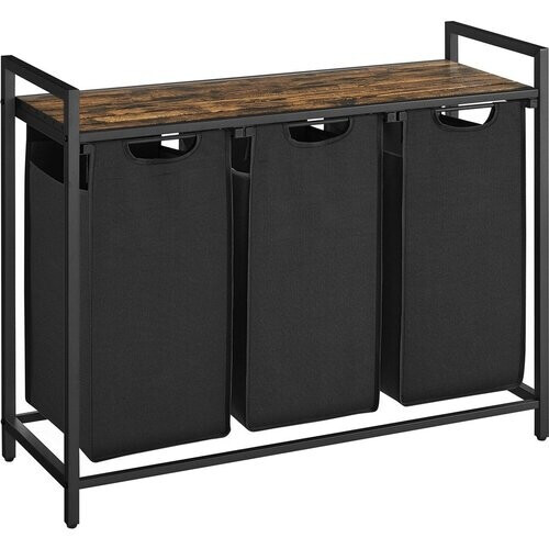 Tweedekans O'DADDY Wasmand met 3 Vakken – Houten Bovenblad & Metalen Frame – 114L – 92,5 x 33 x 71 cm – Zwart & Rustiek Bruin Tweedehands