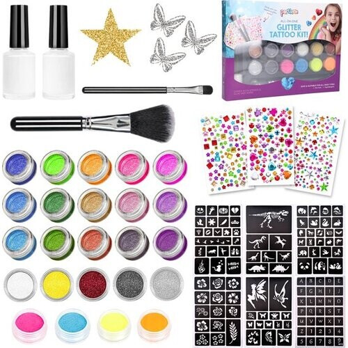 Tweedekans Partizzle Compleet Bio Glitter Tattoo Set - Meisjes / Jongens - Schmink Sjablonen, Lijm en Penselen - Gezicht Nep Neon Tattoos Knutselpakket - Carnaval Cadeau Knutselen voor Kinderen - 24 Kleuren / Biodegradable Tweedehands