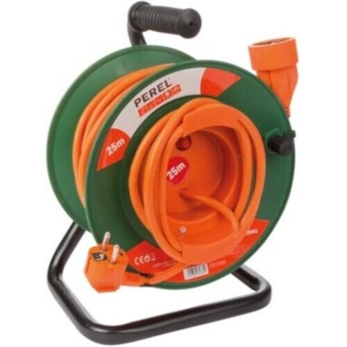 Tweedekans Perel Verlengkabel op haspel, gebruik binnenshuis, penaarde, thermische beveiliging, kabellengte 25 m, 3G1.5, oranje/groen Tweedehands