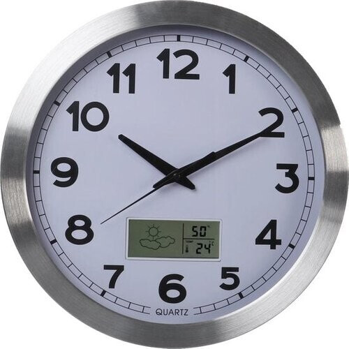 Tweedekans Perel Wandklok, rond, analoog, 35 cm, lcd-scherm met thermometer, hygrometer en weersvoorspelling, aluminium, zilver Tweedehands