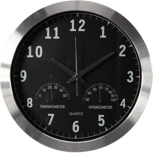 Tweedekans Perel Wandklok, rond, analoog, 35,5 cm, radiogestuurde tijdsaanduiding (DCF), met thermometer en hygrometer, aluminium, zilver Tweedehands