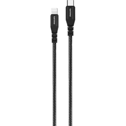 Tweedekans Philips USB Kabel 3.0 - USB-C - Lightning - Compatibel met iPhone - Lengte 1,2 Meter - Zwart - Nylon Tweedehands