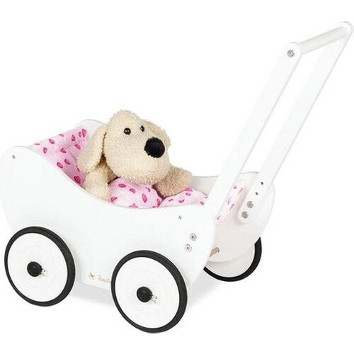 Tweedekans Pinolino Houten Poppenwagen "Trixi" - Schattige en Duurzame Wieg – Massief Beukenhout met Dekbed 'Hartjes' - wit Tweedehands