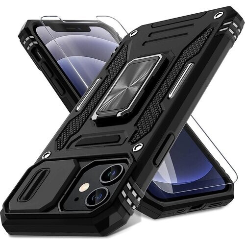 Tweedekans Podec® Anti-Shock Telefoonhoes geschikt voor iPhone 12 – Hybrid Armor Case met Kickstand Ring & Screenprotector – Zwart Tweedehands