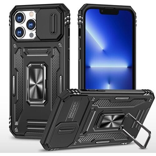 Tweedekans Podec Hoesje geschikt voor iPhone 12 Pro Zwart Telefoonhoesje - Anti-Shock Case Cover Hybrid Armor Hoes met Kickstand Ring met Screenprotector Tweedehands