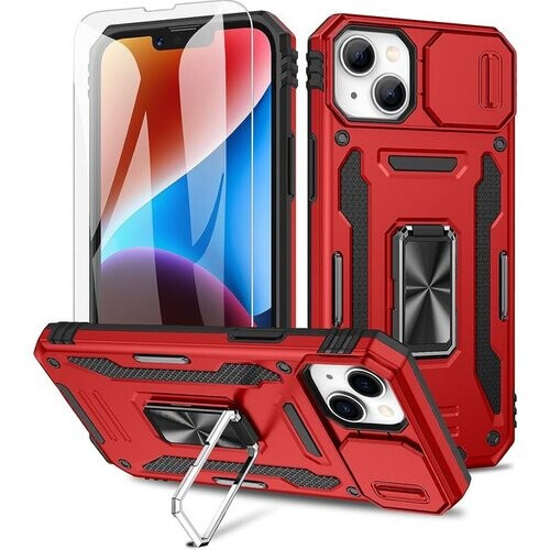 Tweedekans Podec Hoesje geschikt voor iPhone 14 Rood Telefoonhoesje - Anti-Shock Case Cover Hybrid Armor Hoes met Kickstand Ring met Screenprotector Tweedehands
