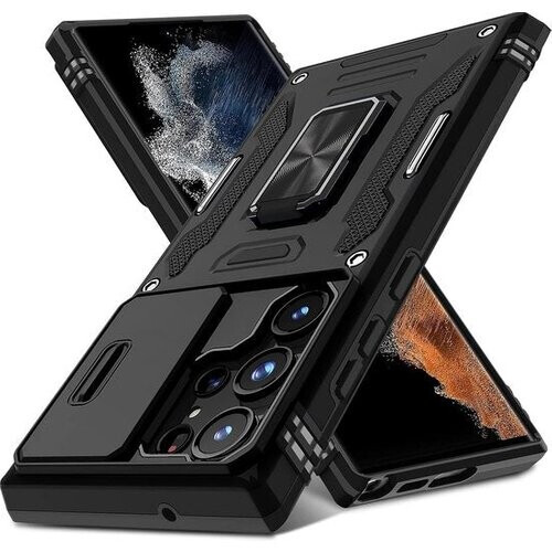 Tweedekans Podec Hoesje met Screenprotector - Geschikt voor Samsung Galaxy S23 Ultra - Zwart Telefoonhoesje - Anti-Shock Case - Hybrid Armor Hoes met Kickstand Ring Tweedehands