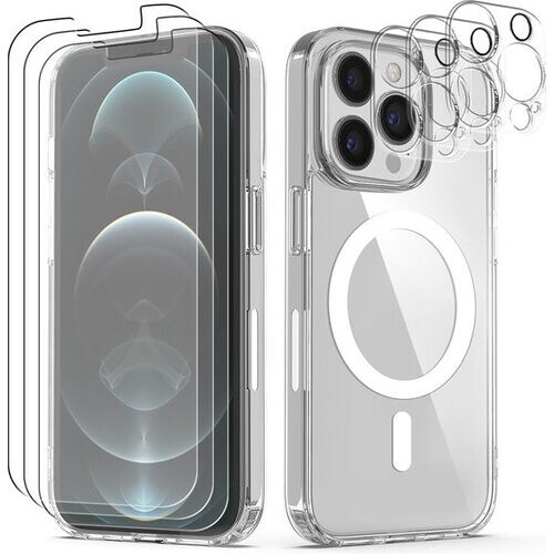 Tweedekans Podec Magsafe Hoesje Geschikt voor iPhone 12 Pro Max - Met 3x Screenprotector + 3x Cameraprotector - Magnetisch met Ring Doorzichtig - Telefoonhoesje Transparant Case Tweedehands