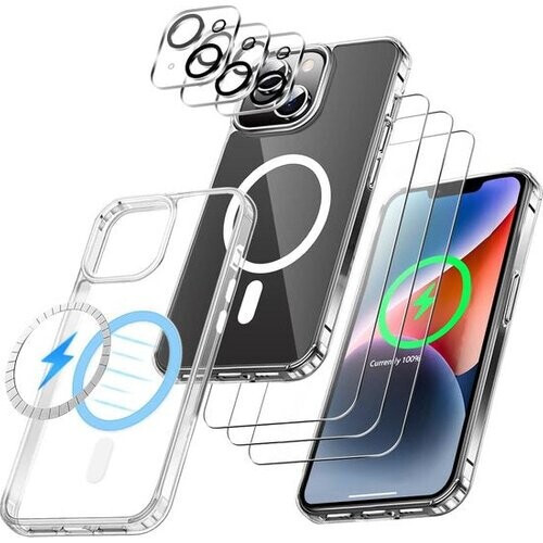 Tweedekans Podec Magsafe Hoesje Geschikt voor iPhone 14 - Bundel met 3x Screenprotector + 3x Cameraprotector - Magnetisch met Ring Doorzichtig - Telefoonhoesje Transparant Magsafe Case - Doorzichtig Tweedehands