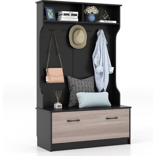 Tweedekans pstok met Zitbank – 5 Dubbele Haken – Met Open Vakken & Schoenenkast – Zwart – 100 x 40 x 160 cm Tweedehands