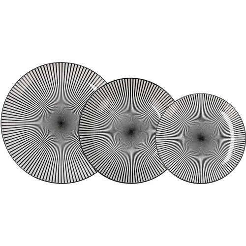 Tweedekans Quid Miami Porseleinen Serviesset 18-Delig voor 6 Personen – Zwart/Wit, Dinerborden 24 cm, Diepe Borden 20,3 cm, Dessertborden 19 cm Tweedehands