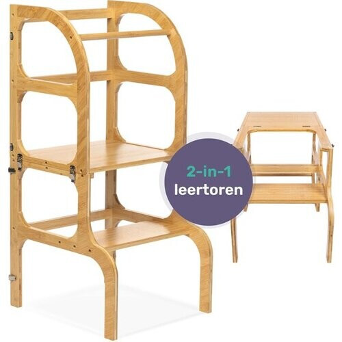 Tweedekans Qwali - Leertoren & Keukenhulp - Opvouwbaar & Splintervrij - Veiligheidsbeugel & Antislip - 90 x 40 x 50 cm - Hout - Bruin Tweedehands