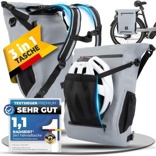 Tweedekans RADGEIST 3in1 fietstas voor bagagedrager I fietstas, rugzak & schoudertas 18-22L I tas voor fiets 100% waterdicht grijs Tweedehands