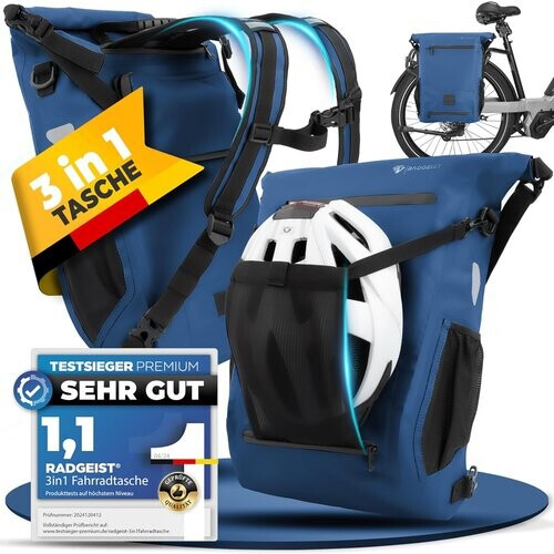 Tweedekans RADGEIST 3in1 fietstas voor bagagedrager I fietstas, rugzak & schoudertas 18-22L I tas voor fiets 100% waterdicht Blauw Tweedehands