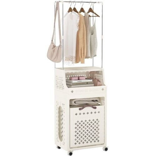 Tweedekans Rolbare Wasmand met Kleerhanger Beige - 40 x 29,5 x 136 cm - Opvouwbaar en Meerlaagse Opbergruimte Tweedehands