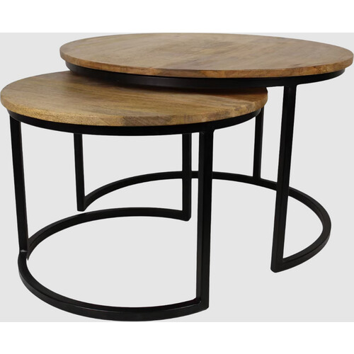 Tweedekans Ronin S Salontafelset 2-delig - Ø60xH45 / Ø45xH40 cm - Mangohout & IJzer - Naturel/Zwart Tweedehands