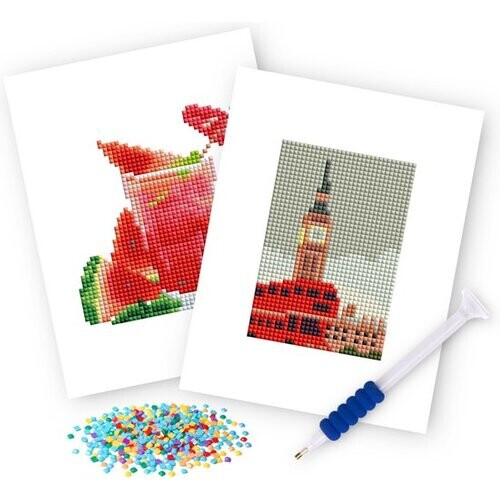 Tweedekans Rubye® Mini Diamond Paintings - 2 stuks - Set - Volwassenen - Diamond Painting Kinderen - Big Ben & Watermeloen Cocktail- 15x20cm Tweedehands