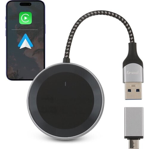 Tweedekans Saaf D200 Plus Apple CarPlay & Android Auto Dongle – Draadloos – USB-C & USB-A – Compact 6,5 x 3,5 x 1,2 cm Tweedehands