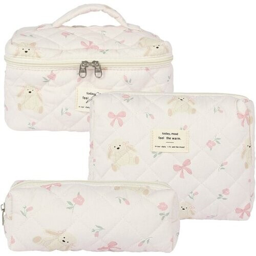 Tweedekans SC Travel Essentials - 3-delige Make-up Tas Set - Eco-vriendelijk Katoen - Gewatteerde Gebloemde Organizers - Ruim, Duurzaam en Ideaal voor Reizen Tweedehands