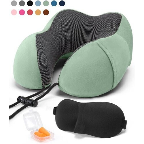 Tweedekans SC Travel Essentials - Nekkussen Set 3-delig - Ergonomisch Memory Foam Reiskussen met Oogmasker en Oordoppen - Ideaal voor Vliegtuig, Auto en Trein - Compact en Luxe - Groen Tweedehands