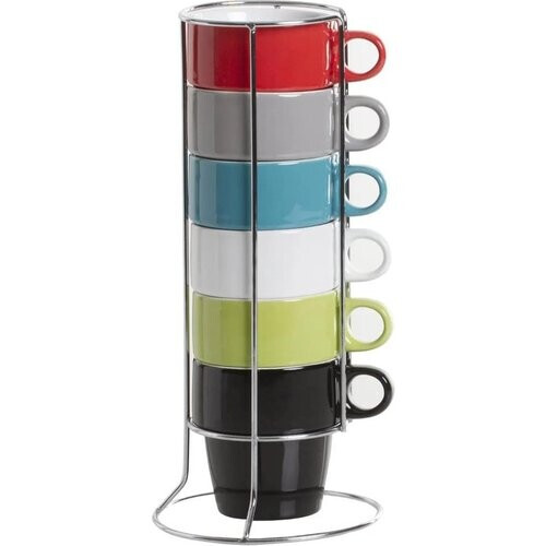 Tweedekans Secret de Gourmet Koffie mokken/bekers Colorama - 6x stuks in metalen rekje - Keramiek - glans afwerking - 260 ml - 8 x 9 cm Tweedehands