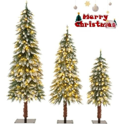 Tweedekans Set van 3 Kunstkerstbomen Besneeuwde Kerstboom met 129/231/369 PVC-Takken en 50/100/150 Warmwitte LED-Verlichting 90 /120 /150 cm Tweedehands