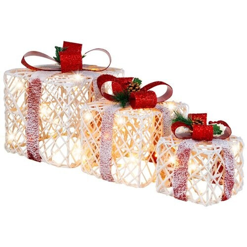 Tweedekans Set van 3 LED-Geschenkdozen op Batterijen Werkende Geschenken met Rode Strikken 60 LED-verlichting Tweedehands