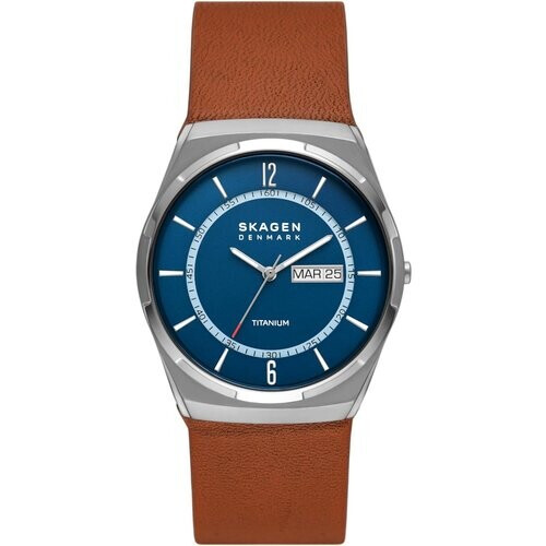 Tweedekans Skagen Melbye Titanium 40 mm - Grijze titanium kast - Blauwe wijzerplaat - Bruine leren band Tweedehands