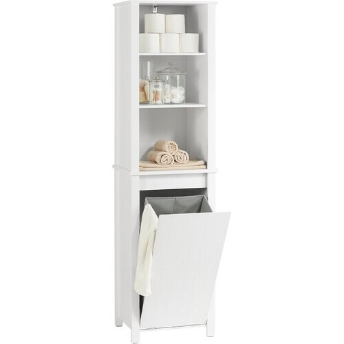 Tweedekans SoBuy Badkamer Kolomkast - Hoge Kast - 3 planken - 1 kantelbare wasmand - 45 x 35 x 171 cm - Wit Tweedehands