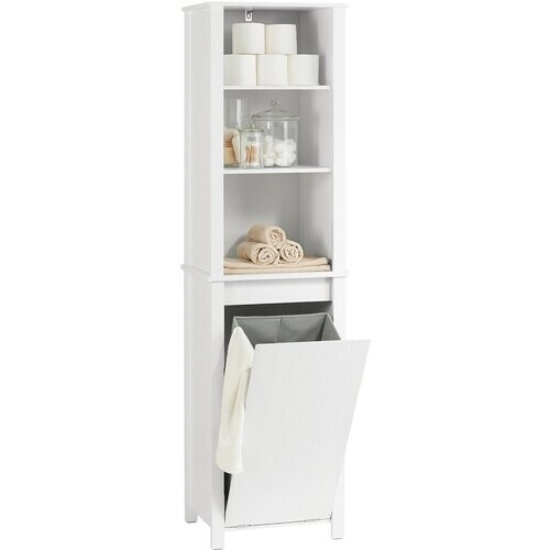 Tweedekans SoBuy Badkamer Kolomkast - Hoge Kast - 3 planken - 1 kantelbare wasmand - 45 x 35 x 171 cm - Wit Tweedehands