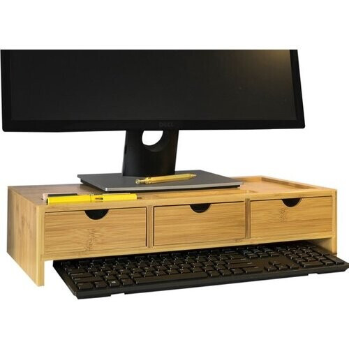 Tweedekans SoBuy BBF03-N Monitorstandaard Bureau-organizer met 3 Laden - Bamboe - 51x12x25cm Tweedehands