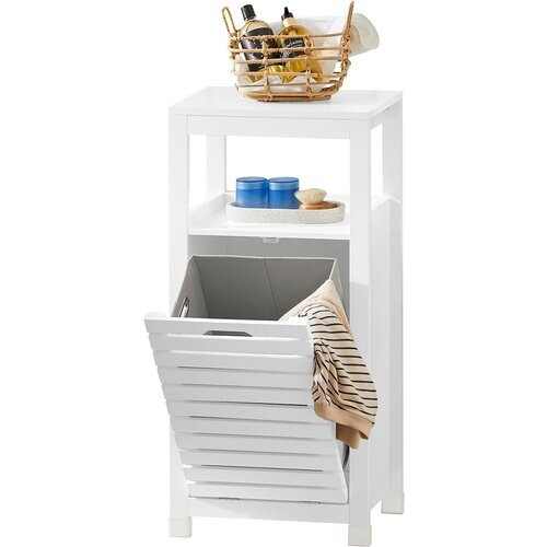 Tweedekans SoBuy BZR67-W Badkamermeubel - Kantelbare Wasmand - Wit MDF hout - 42x30x90 cm Tweedehands
