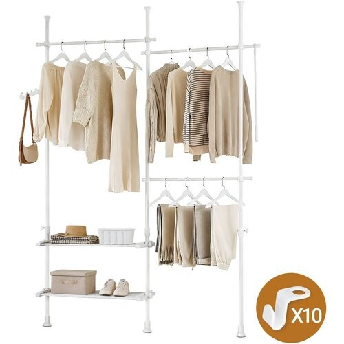 Tweedekans SoBuy FRG34-II-W Verstelbare Telescopische Kledingrek Wit - 147-195 x 200-295 cm - Open Kast met Stangen en Planken Tweedehands