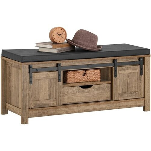 Tweedekans SoBuy FSR118-BR Schoenenbank - Bruin Houten Opbergbank met Schuifdeuren Tweedehands