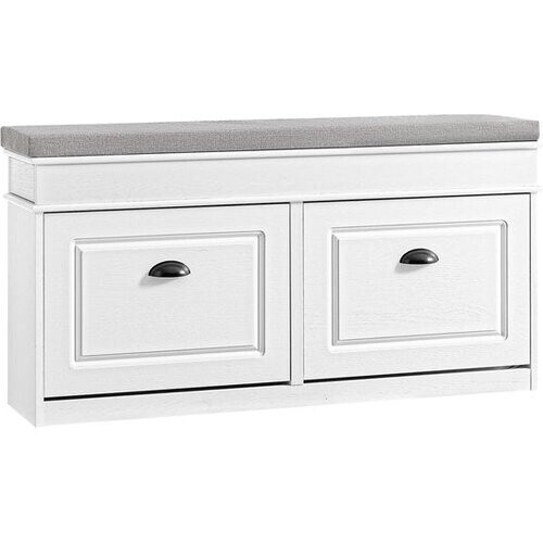 Tweedekans SoBuy FSR64-WG Schoenenkast, schoenenbank, schoenen, entree, 2 kleppen met afneembaar kussen, opbergdoos, rek voor smalle entree, 104 x 24 x 51 cm, antiek houteffect, wit Tweedehands