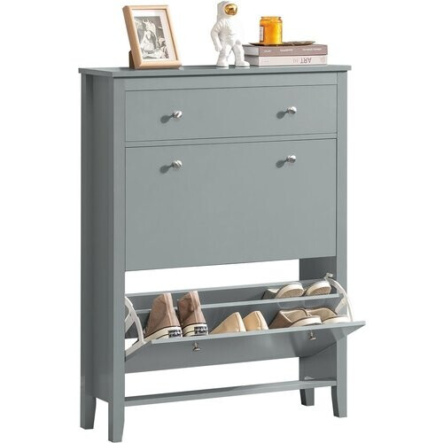 Tweedekans SoBuy FSR89-HG Schoenenkast met 2 Kleppen en 1 Lade - 80 x 25 x 108 cm - Grijs Tweedehands