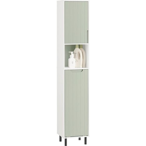 Tweedekans SoBuy Hoge Meerlaagse Badkamerkast BZR137-GR - Uitklapbare Wasmand - 31 x 30 x 167 cm - Groen met Wit Tweedehands