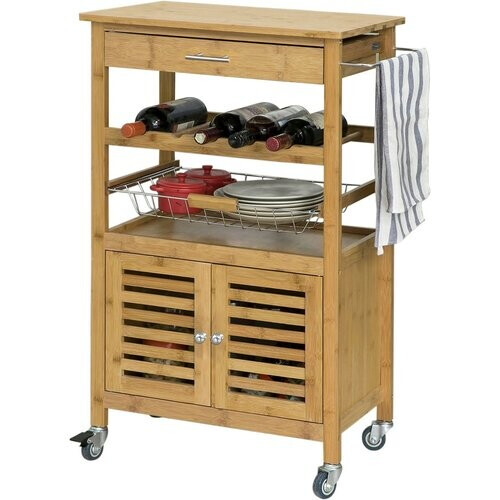 Tweedekans SoBuy Keukentrolley – Met Flessenrek & Lade – max. 60 kg – 56 x 36 x 92 cm – Bamboe Tweedehands