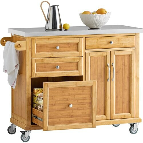 Tweedekans SoBuy Mobiel Keukeneiland van Bamboe met RVS Werkblad – 4 Lades & Kast – 115 cm Tweedehands