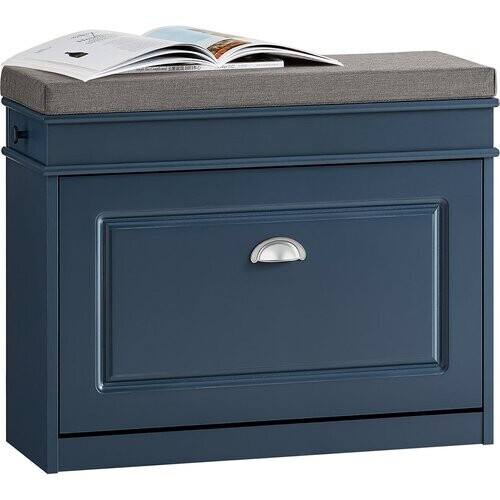 Tweedekans SoBuy Schoenenbank FSR82-L-B – Blauw Halmeubel met Klep, Lade, Kussen en Haak – 75 x 24 x 52 cm Tweedehands