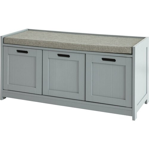 Tweedekans SoBuy - Schoenenbank met gestoffeerd zitvlak - 2 Deuren en 1 Mand - Max. 150 kg - 90 x 35 x 45 cm - Grijs Tweedehands