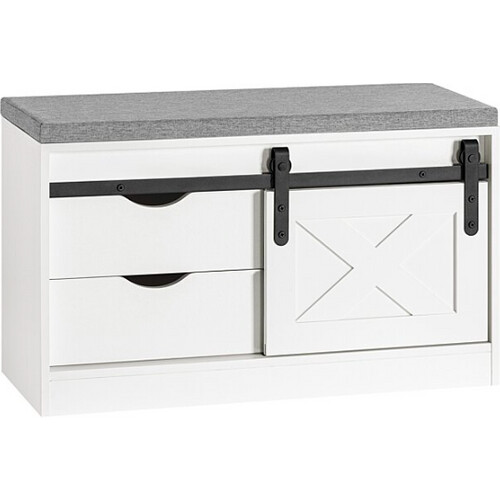Tweedekans SoBuy Schoenenkast met gestoffeerd zitvlak - 2 Lades en 1 Schuifdeur - Max. 225 kg - 80 x 30 x 49 cm - Wit/ Grijs Tweedehands