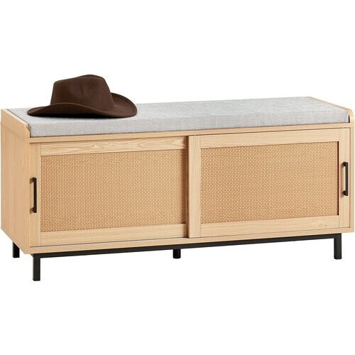 Tweedekans SoBuy Schoenenkast met gestoffeerd zitvlak - 2 Schuifdeuren - Max. 225 kg - 110 x 40 x 49 cm - Naturel/ Grijs Tweedehands