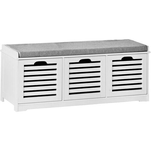 Tweedekans SoBuy Schoenenkast met gestoffeerd zitvlak - 3 Manden -Landelijk - Max. 120 kg -105 x 35 x 43 cm - Wit / Grijs Tweedehands