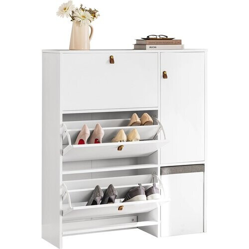 Tweedekans SoBuy Schoenenkast met uitschuifbare kruk - 3 Lades - 95 x 30 x 121 cm - Wit Tweedehands
