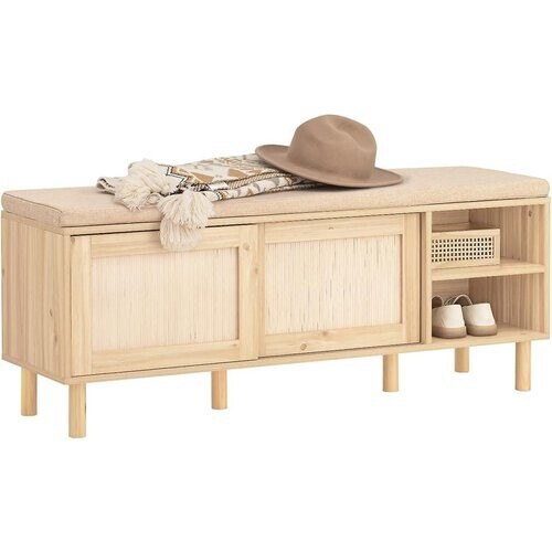 Tweedekans SoBuy Schoenenkast met zitkussen - 2 Schuifdeuren - Landelijk - 1212 x 35 x 49 cm - Bruin Tweedehands