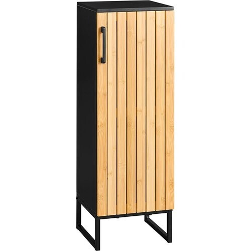 Tweedekans sobuy Smalle badkamerkast - 30x30x90 cm – bamboe & zwart – compact badkamermeubel met deur en verstelbare planken Tweedehands