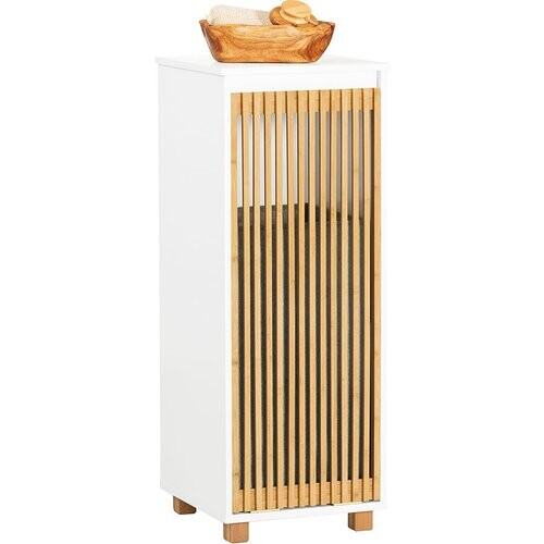 Tweedekans SoBuy Staande Badkamerkast - Smal Badkamerkastje - 1 Kantelbare wasmand - 1 Bamboe deur - 32 x 33 x 85 cm - Wit Tweedehands
