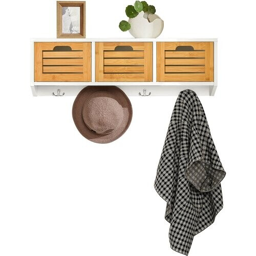 Tweedekans SoBuy Wandgarderobe - Hangrek met 3 manden en 4 haken - Max. 15KG - 80 x 25 x 20 cm - Wit Tweedehands