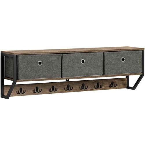 Tweedekans SoBuy Wandgarderobe - Hangrek met 3 manden en 7 haken - Max. 22KG - 100 x 20 x 30 cm - Houtkleur Tweedehands